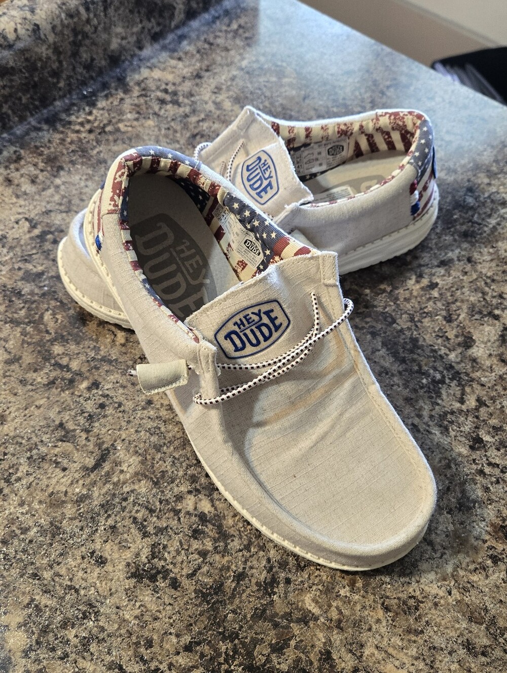 Hey Dude Mens/womens White Canvas Slip-Ons with Red & Blue Flag Accent - Picture 2 of 9